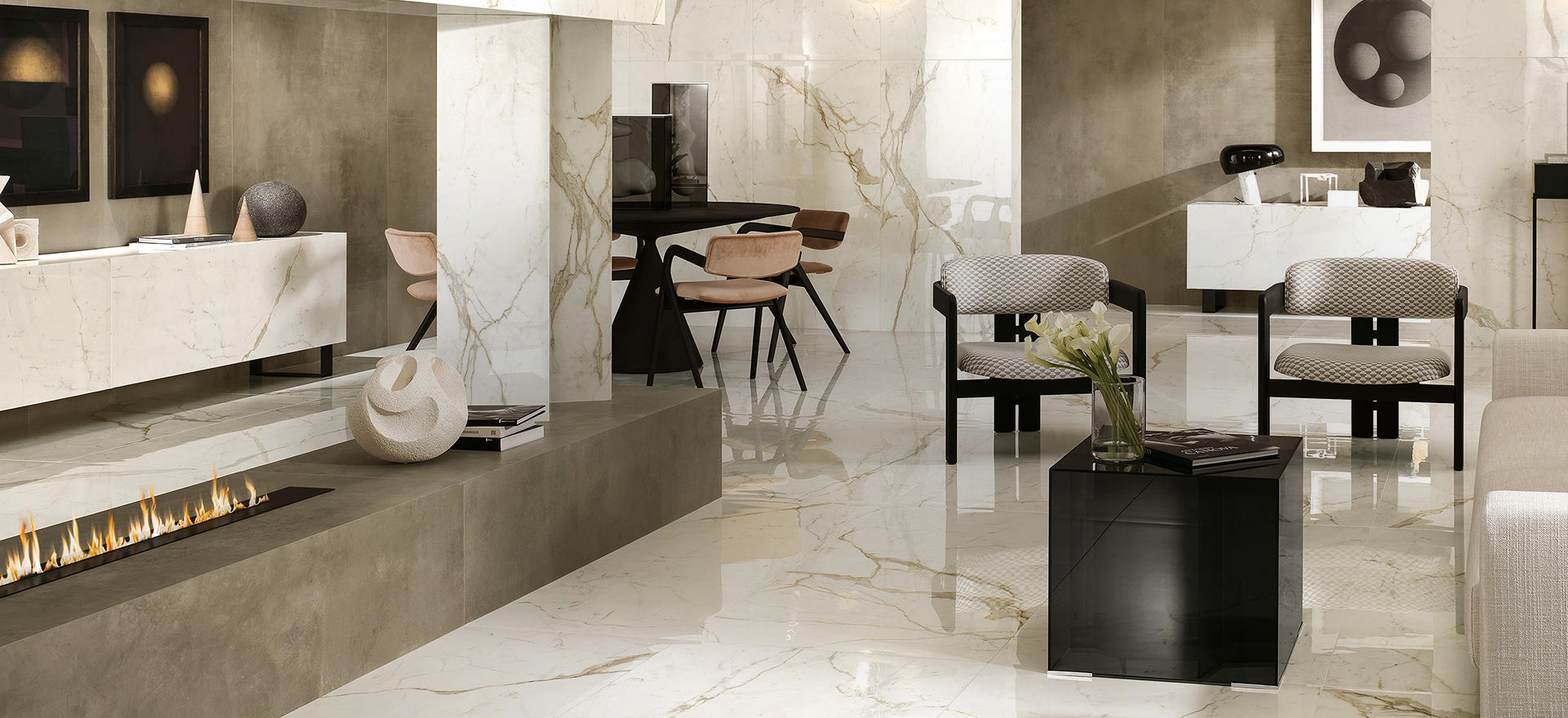 Modern luxury living room and marble wall